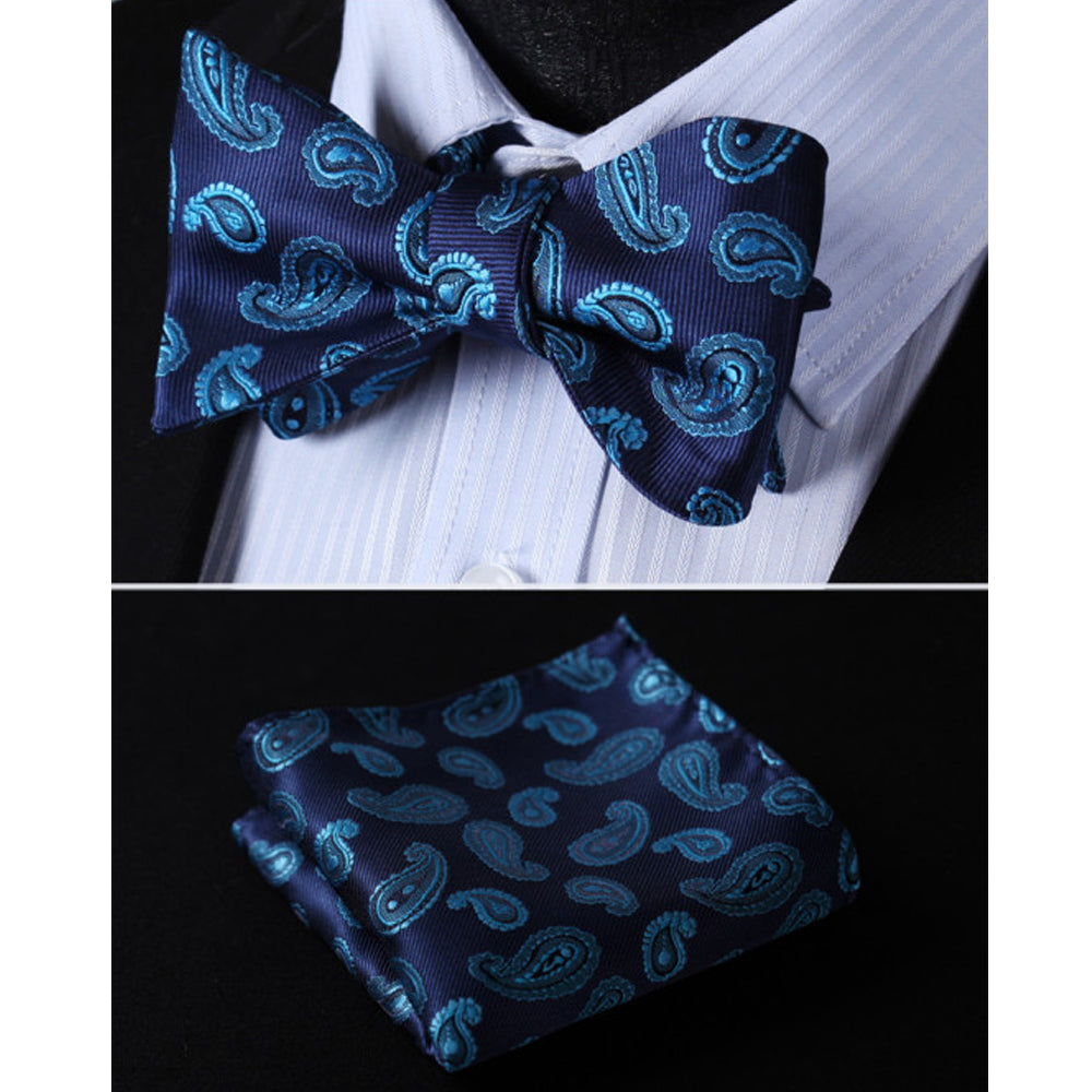 Navy Turqoise Paisley Mens Silk Self tie Bow Tie with Pocket Squares Set - Amedeo Exclusive
