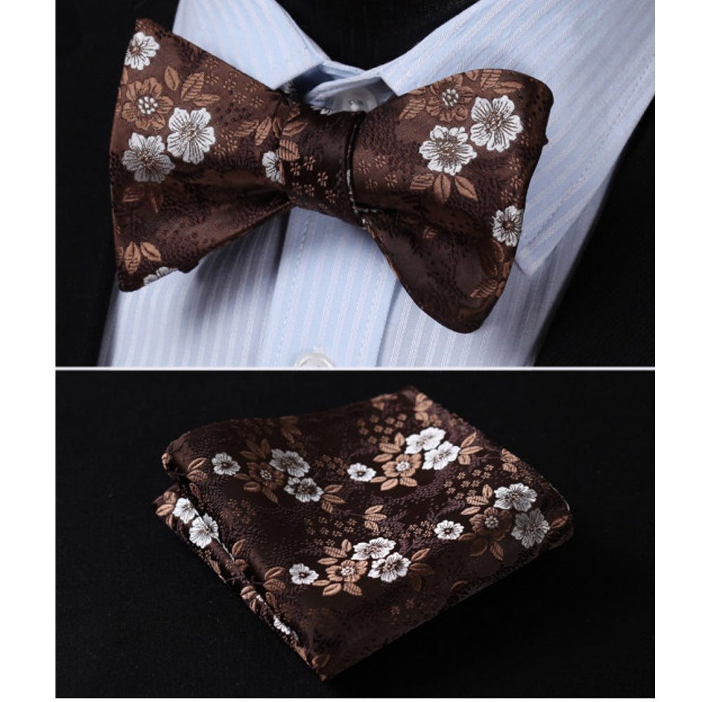 Floral Print Mens Silk Self tie Bow Tie with Pocket Squares Set - Amedeo Exclusive
