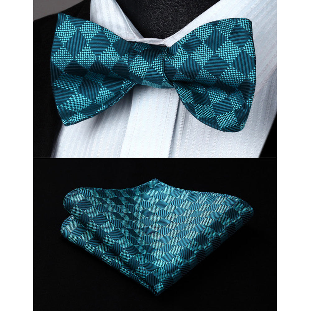 Turquoise Checkers Mens Silk Self tie Bow Tie with Pocket Squares Set - Amedeo Exclusive
