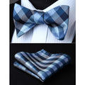Blue Check Mens Silk Self tie Bow Tie with Pocket Squares Set - Amedeo Exclusive
