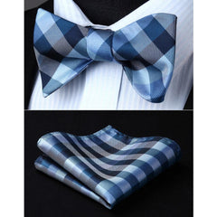 Blue Check Mens Silk Self tie Bow Tie with Pocket Squares Set - Amedeo Exclusive