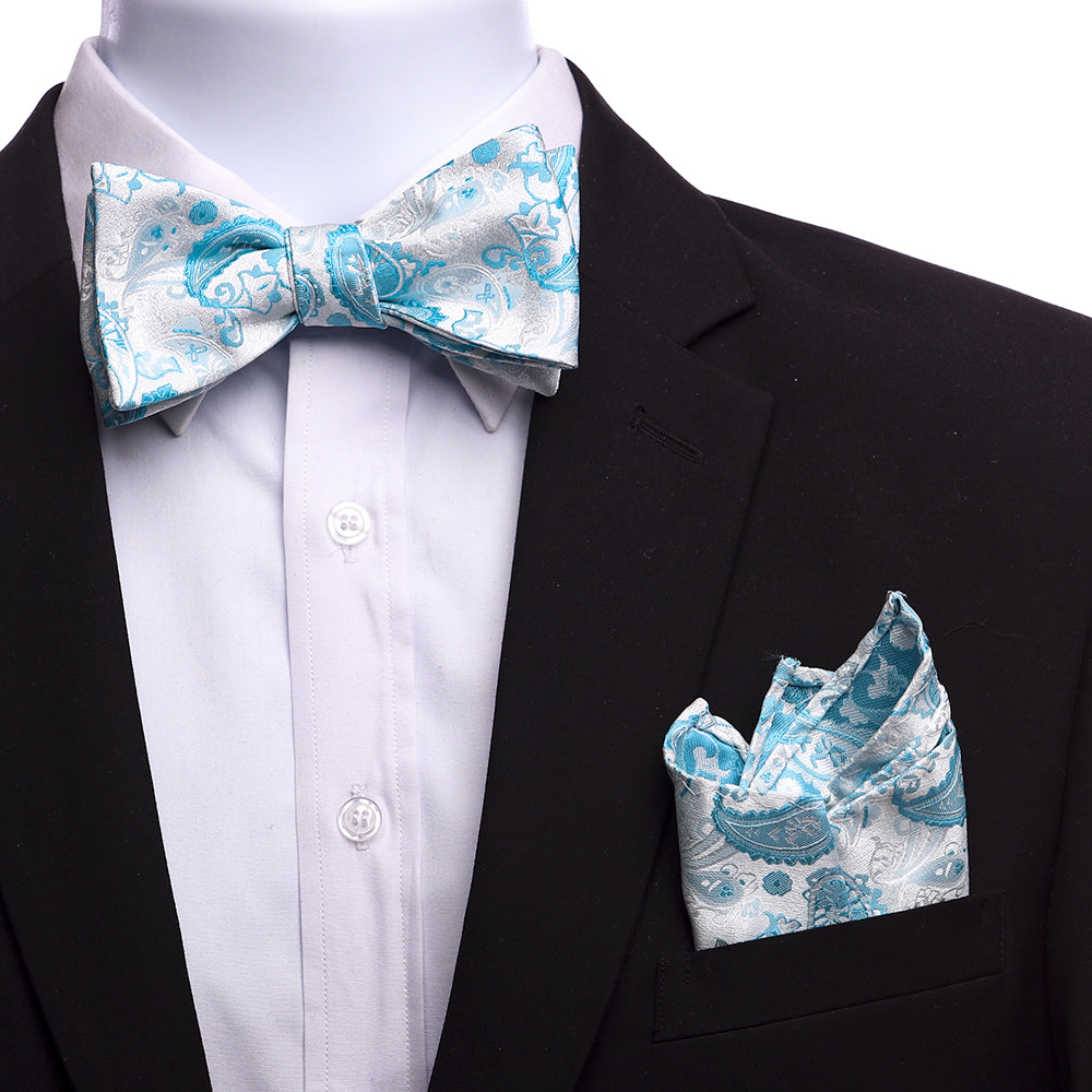 Men's Silk White Blue Paisley Self Bow Tie - Amedeo Exclusive