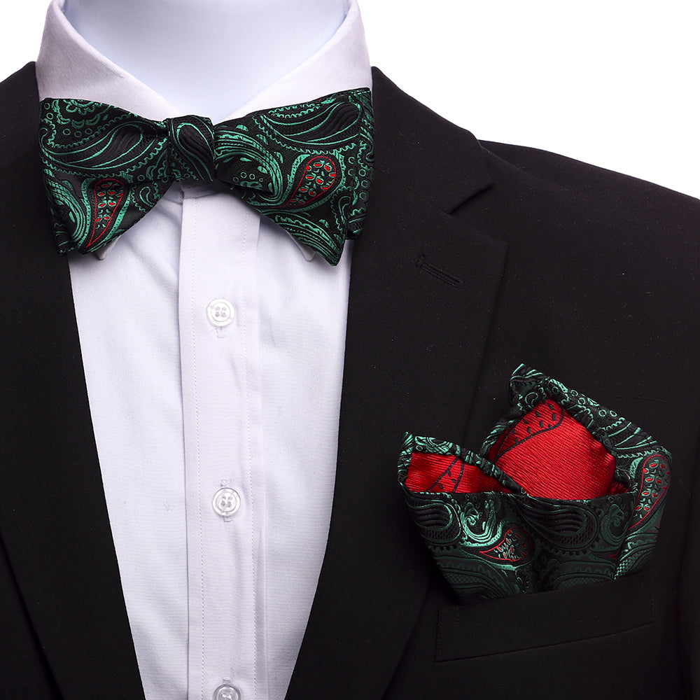 Men's Silk Green Black Red Self Bow Tie - Amedeo Exclusive