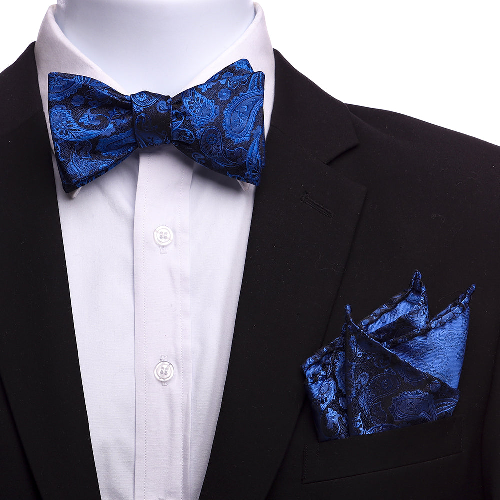 Men's Silk Blue Black Self Bow Tie with Handkerchief - Amedeo Exclusive