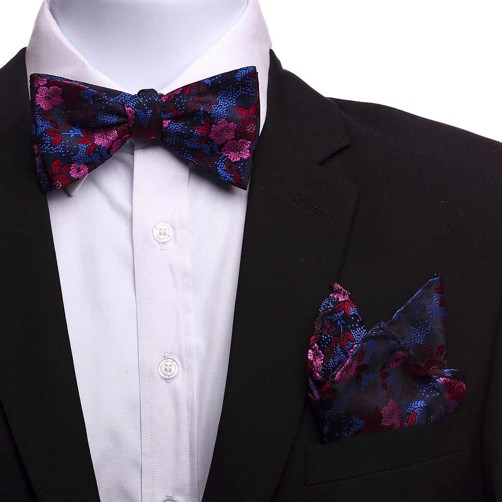 Men's Silk Red Pink Blue Self Bow Tie with Handkerchief - Amedeo Exclusive
