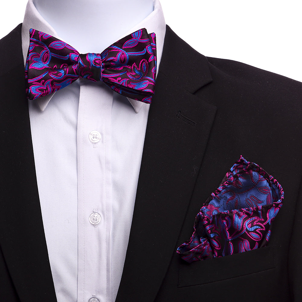 Men's Silk Pink Blue Self Bow Tie with Handkerchief - Amedeo Exclusive