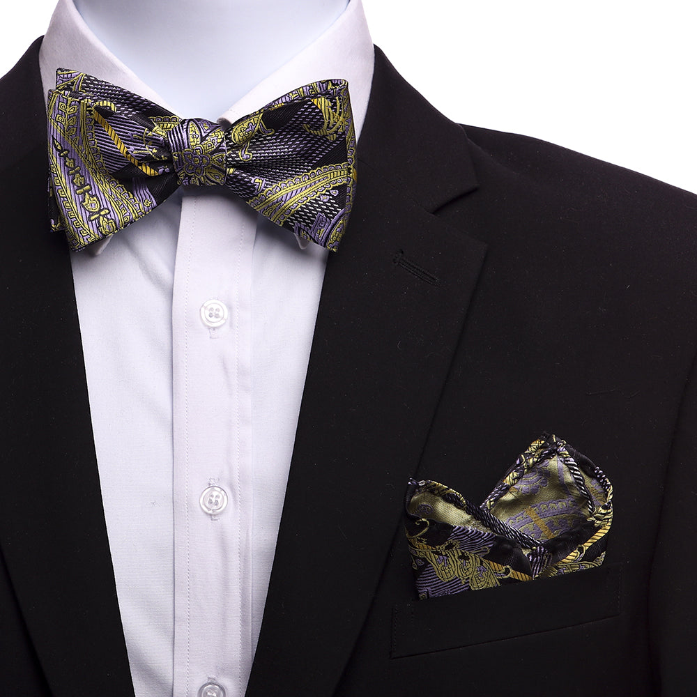 Men's Purple Black & Gold Silk Bow Tie - Amedeo Exclusive