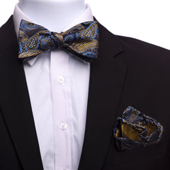 Men's Blue & Black Silk Self Bow Tie with Handkerchief - Amedeo Exclusive