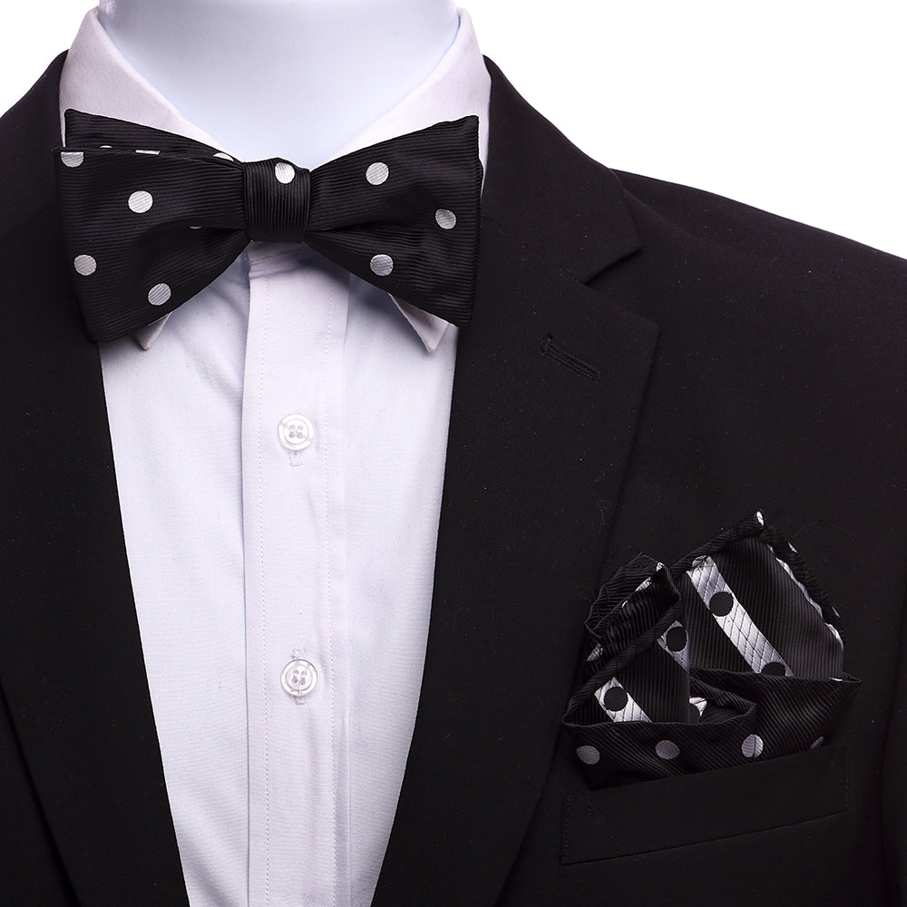 Men's Black Polka Dots Self Bow Tie with Handkerchief - Amedeo Exclusive