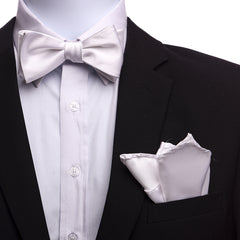 Men's White Self Bow Tie with Handkerchief - Amedeo Exclusive
