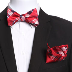Men's Red Plaid Self Bow Tie with Handkerchief - Amedeo Exclusive