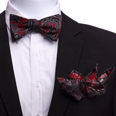 Men's Red & Black Self Bow Tie with Handkerchief - Amedeo Exclusive