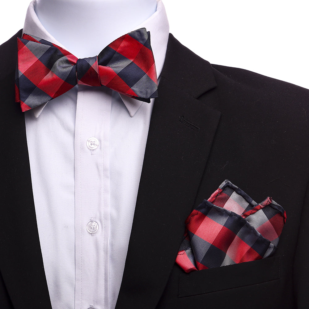 Men's Red & Black Plaid Self Bow Tie - Amedeo Exclusive