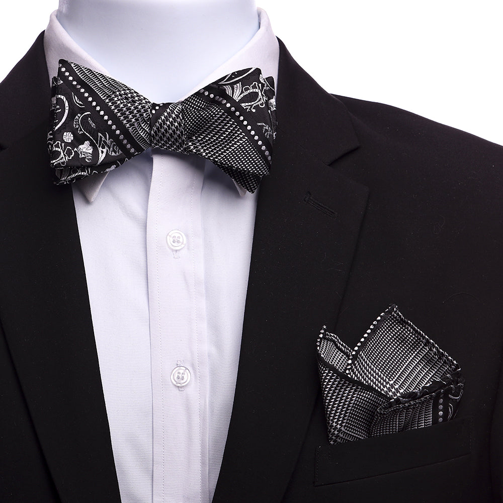 Men's Black And Silver Paisley Silk Self Bow Tie - Amedeo Exclusive