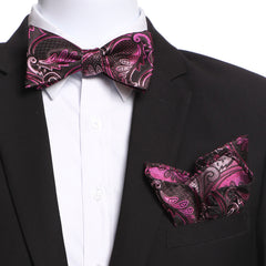 Men's Pink & Black Self Bow Tie with Handkerchief - Amedeo Exclusive