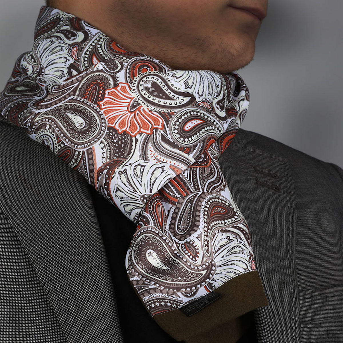 White Brown Paisley Mens Silk Scarf Designer neck scarf for
