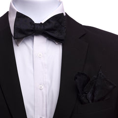 Men's Black Paisley Self Bow Tie with Handkerchief - Amedeo Exclusive
