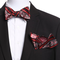 Men's Brown & Red Self Bow Tie with Handkerchief - Amedeo Exclusive