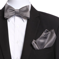 Men's Black & Silver Self Bow Tie with Handkerchief - Amedeo Exclusive