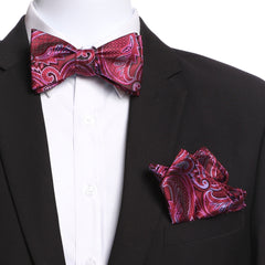 Men's Pink & Red Self Bow Tie with Handkerchief - Amedeo Exclusive