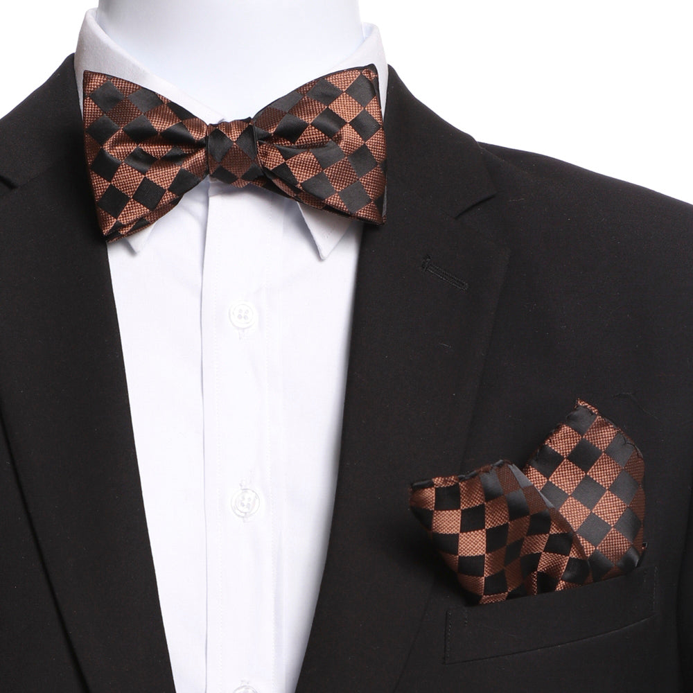 Men's Brown & Black Checkers Self Bow Tie - Amedeo Exclusive