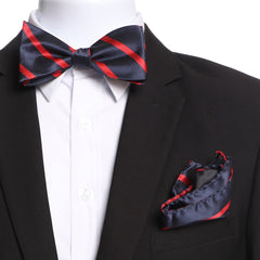 Men's Red & Navy Blue Self Bow Tie with Handkerchief - Amedeo Exclusive