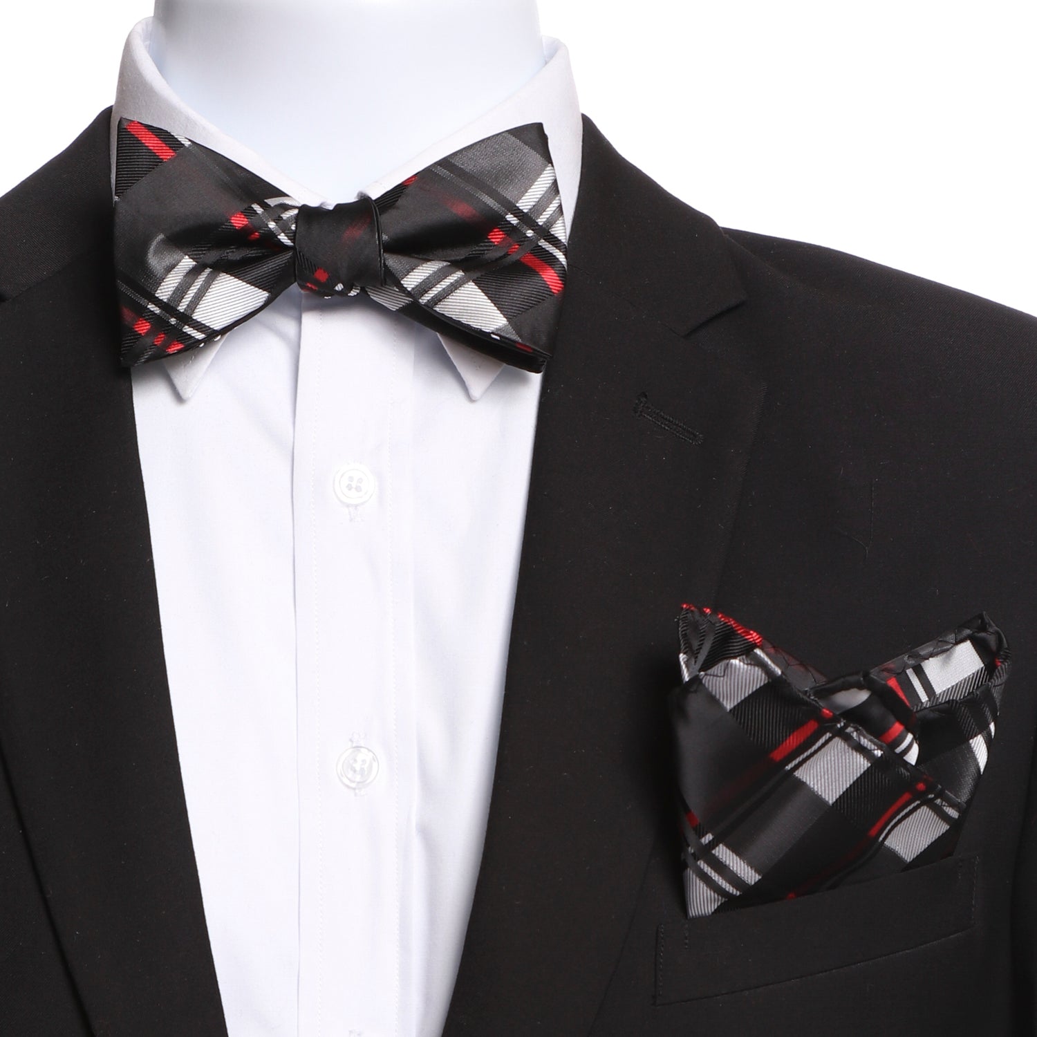 Men's Black And Silver Plaid Jacquard Woven Italian Silk Self Bow Tie - Amedeo Exclusive