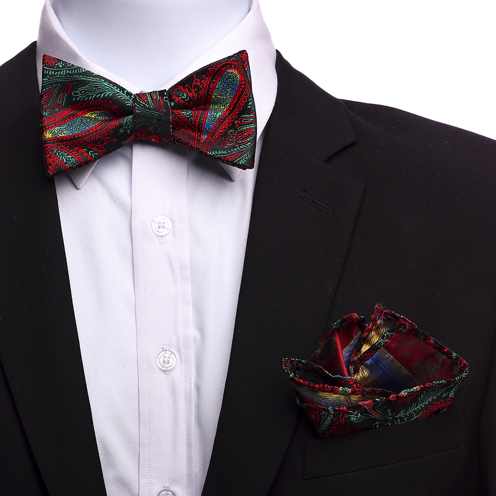 Men's Red, Green, And Black Silk Self Bow Tie - Amedeo Exclusive