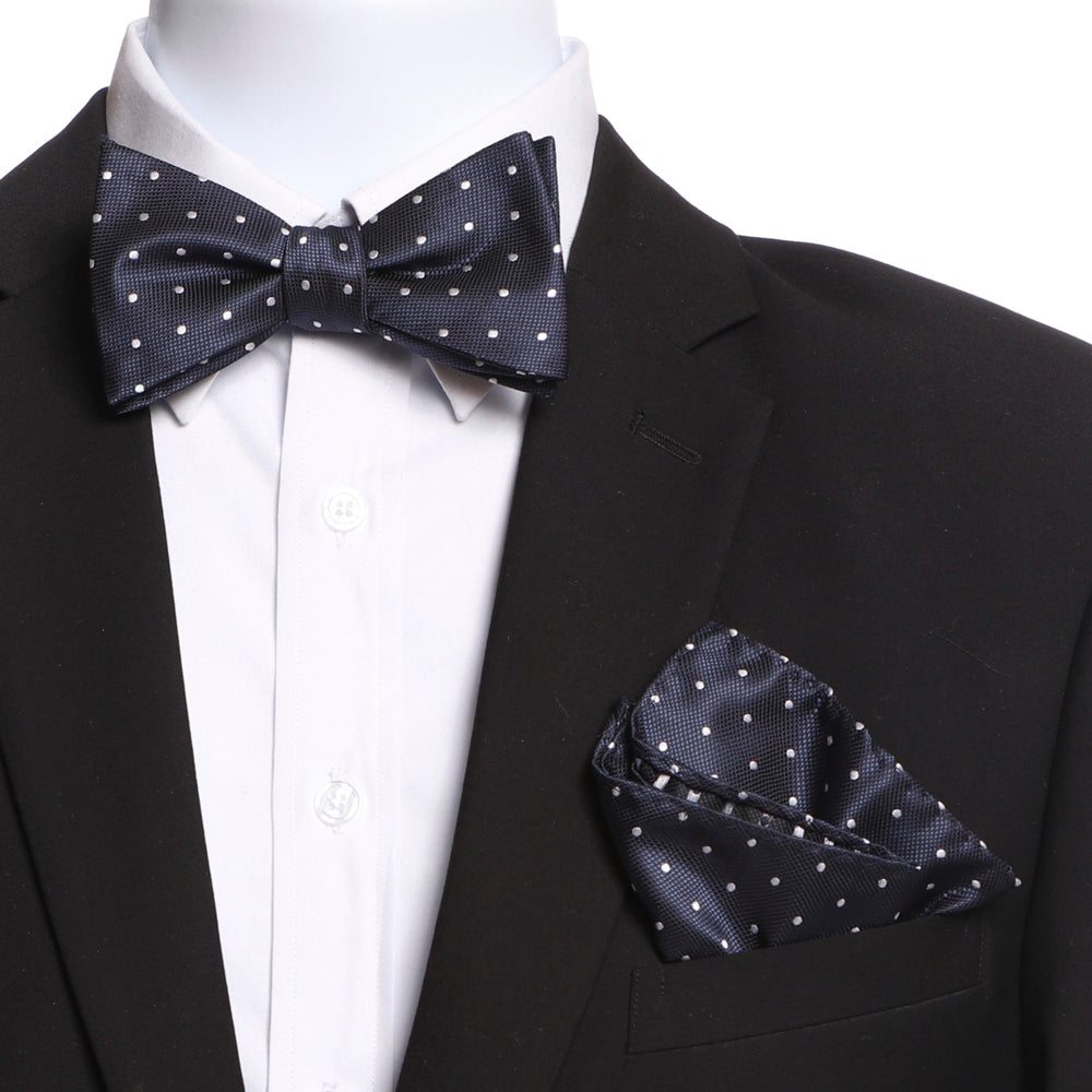 Men's Blue & White Self Bow Tie with Handkerchief - Amedeo Exclusive
