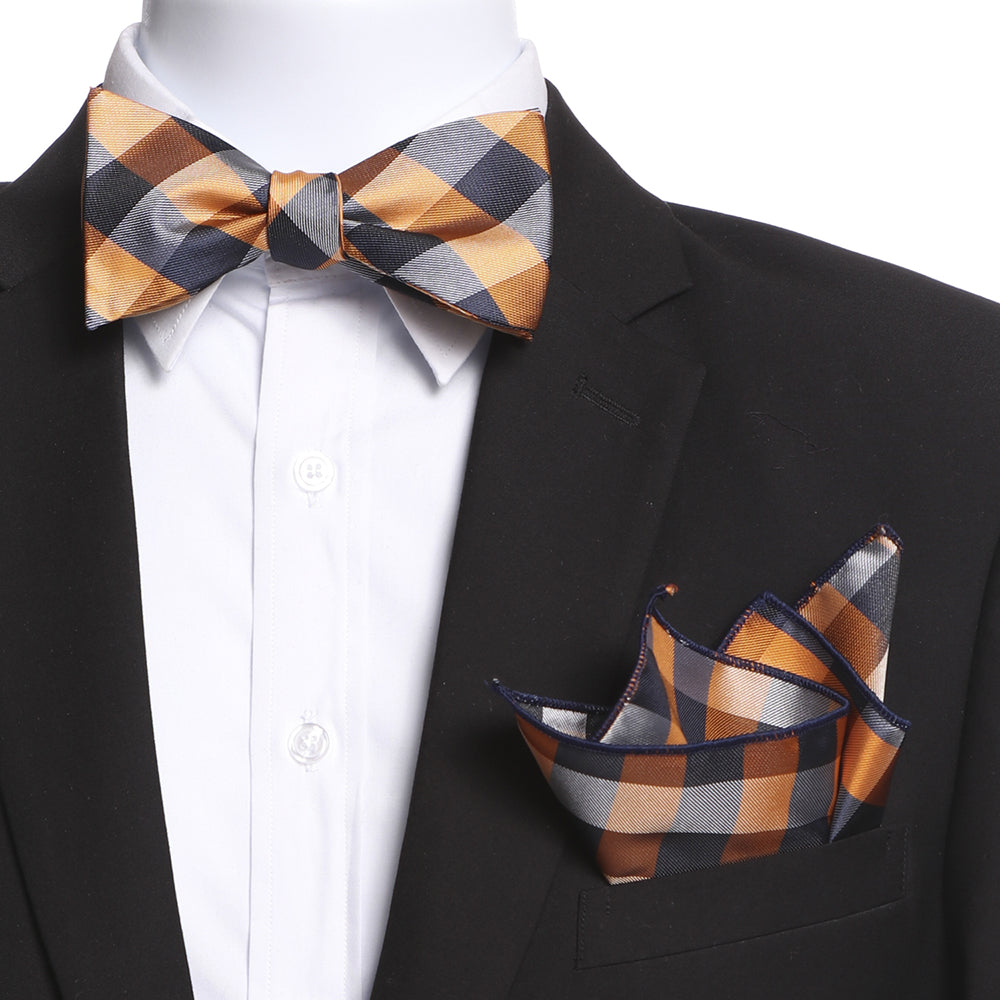 Men's Orange & Black Plaid Self Bow Tie - Amedeo Exclusive