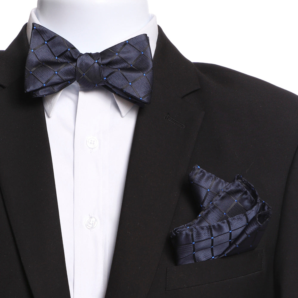 Men's Navy Blue Self Bow Tie with Handkerchief - Amedeo Exclusive