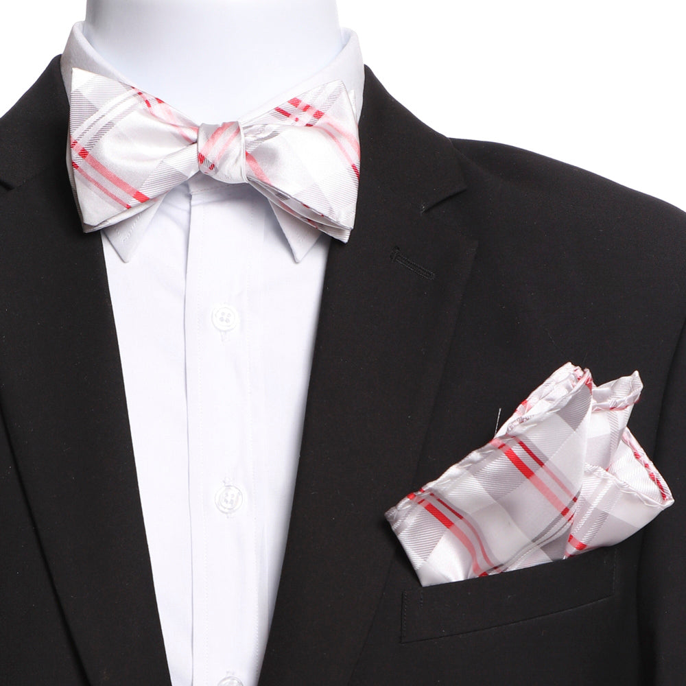 Men's White Grey Red Plaid Self Bow Tie - Amedeo Exclusive