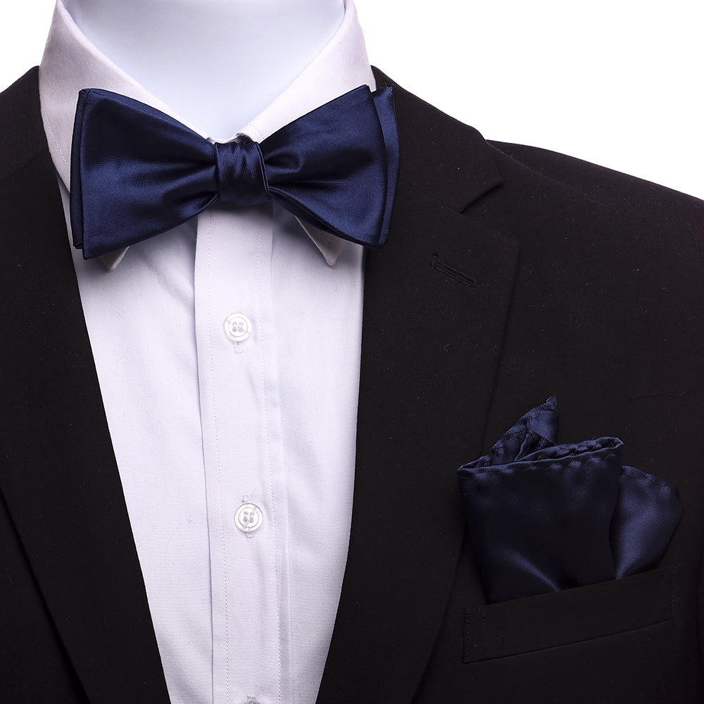 Men's Navy Blue Silk Self Bow Tie with Handkerchief - Amedeo Exclusive