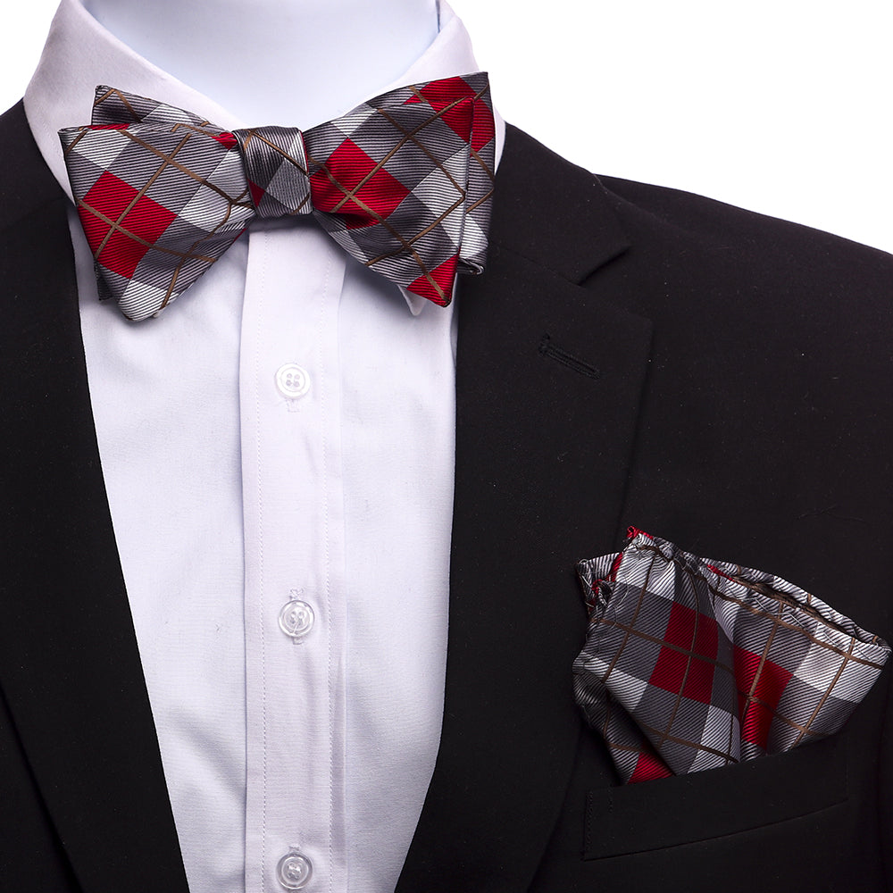Men's Red And Grey Plaid Silk Self Bow Tie - Amedeo Exclusive