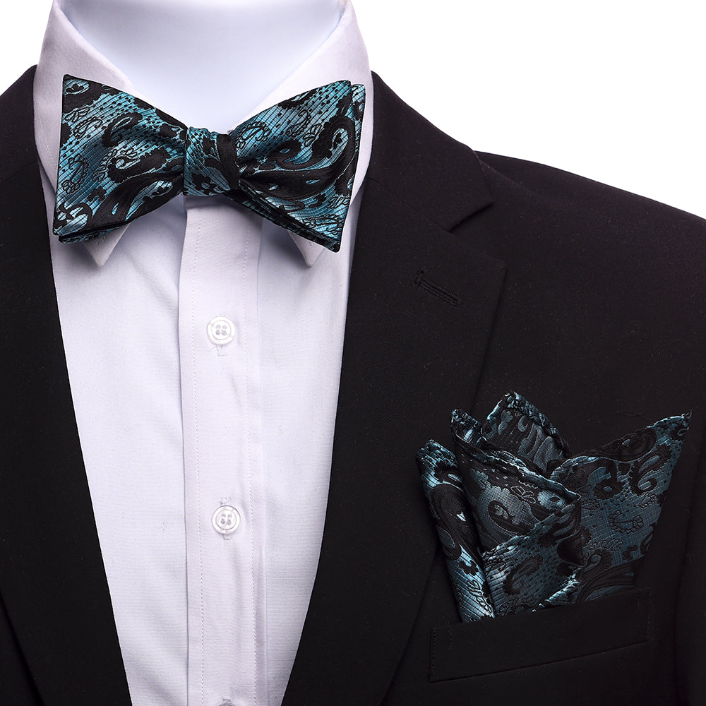 Men's Turqoise And Black Silk Self Bow Tie - Amedeo Exclusive
