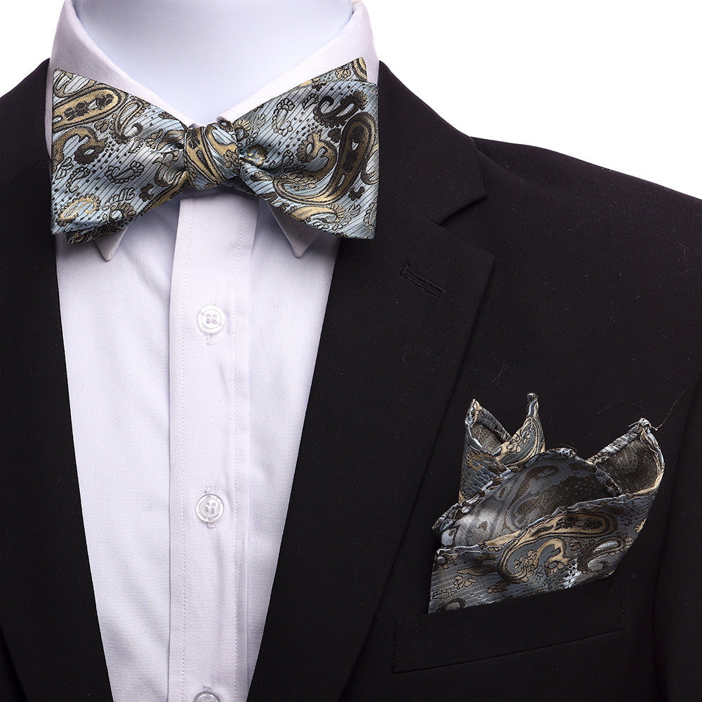 Men's Light Blue And Gold Silk Self Bow Tie - Amedeo Exclusive