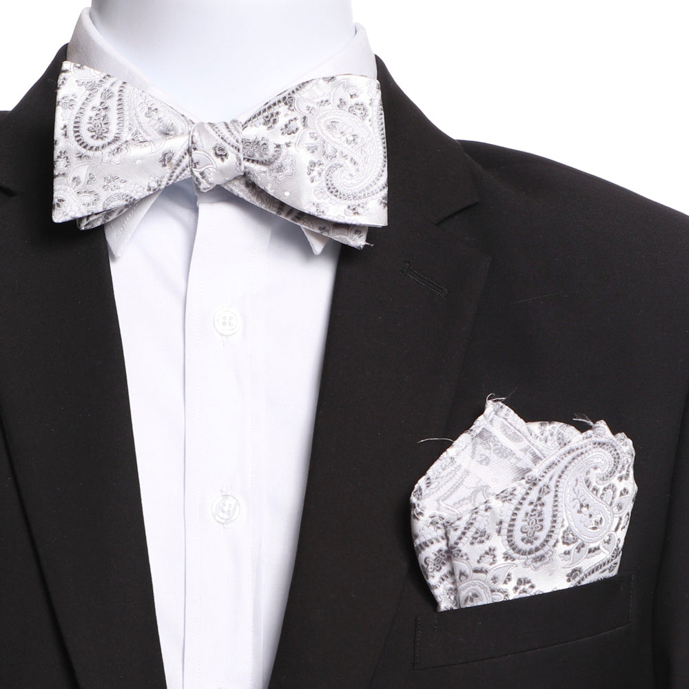 Men's White & Grey Self Bow Tie with Handkerchief - Amedeo Exclusive