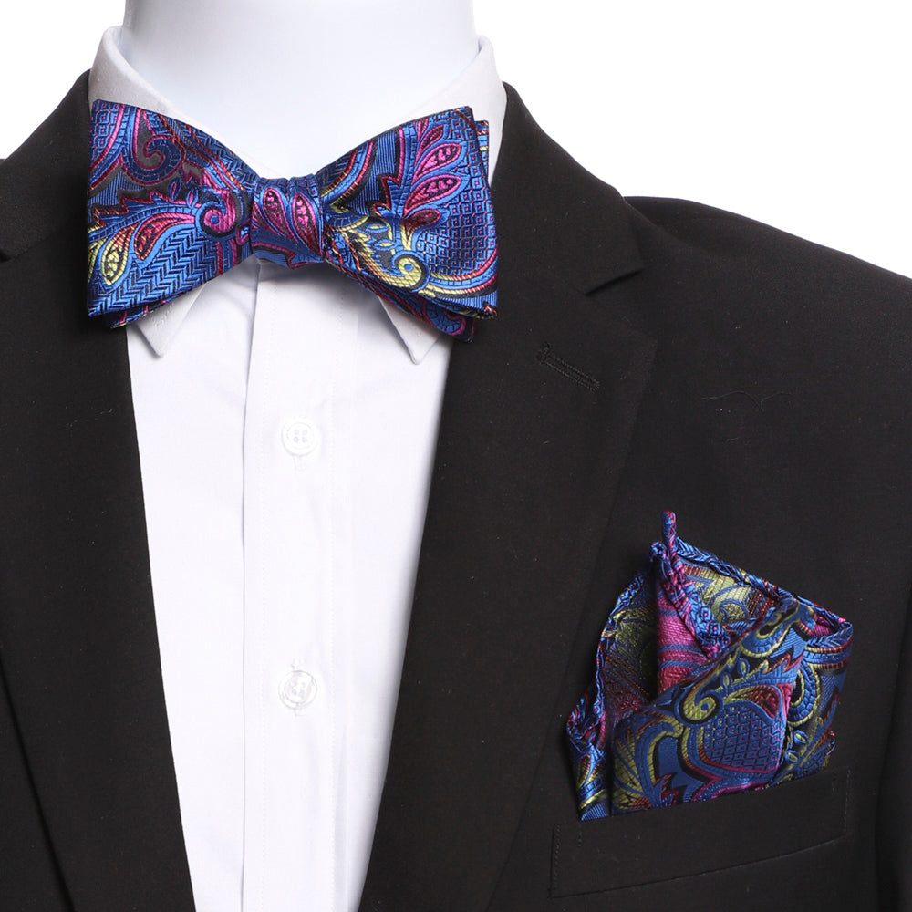 Men's Blue & Pink Self Bow Tie with Handkerchief - Amedeo Exclusive