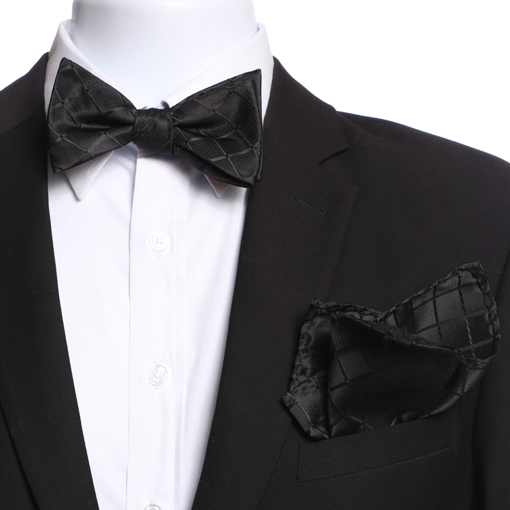 Men's Black Checkers Self Bow Tie with Handkerchief - Amedeo Exclusive