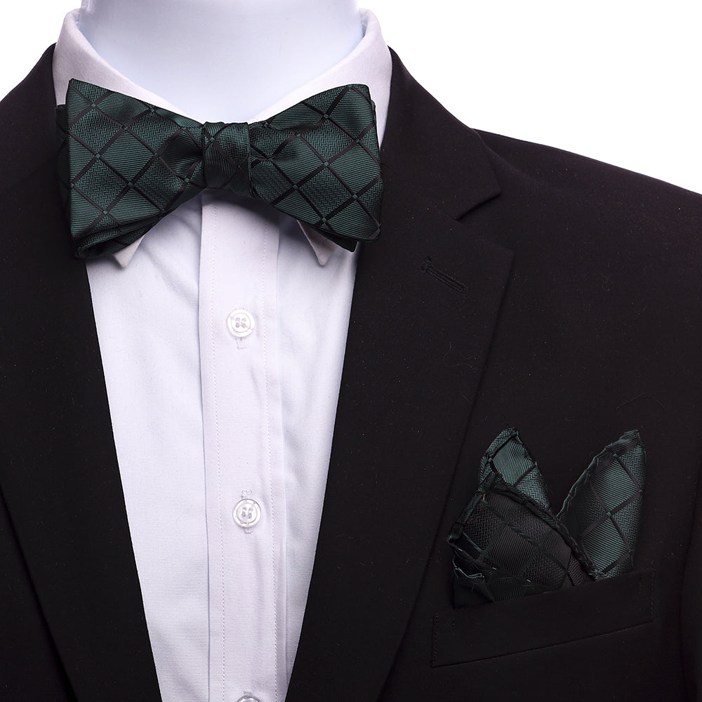 Men's Green Checkers Silk Self Bow Tie - Amedeo Exclusive