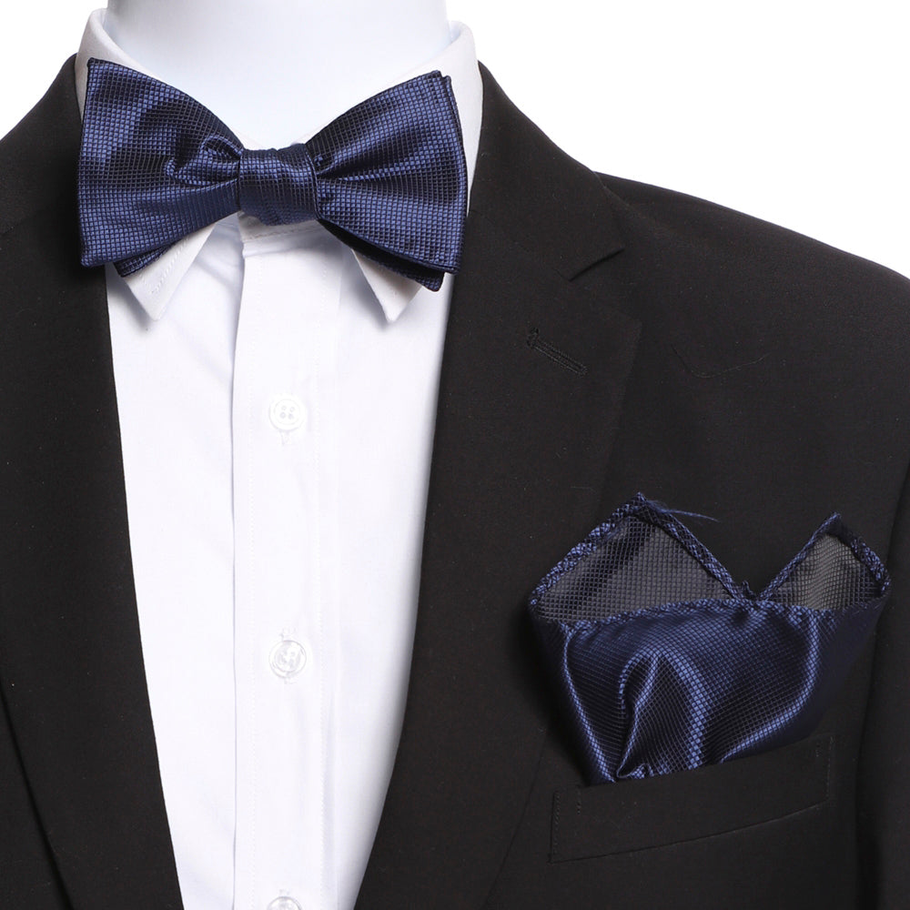 Men's Silk Navy Blue Self Bow Tie with Handkerchief - Amedeo Exclusive