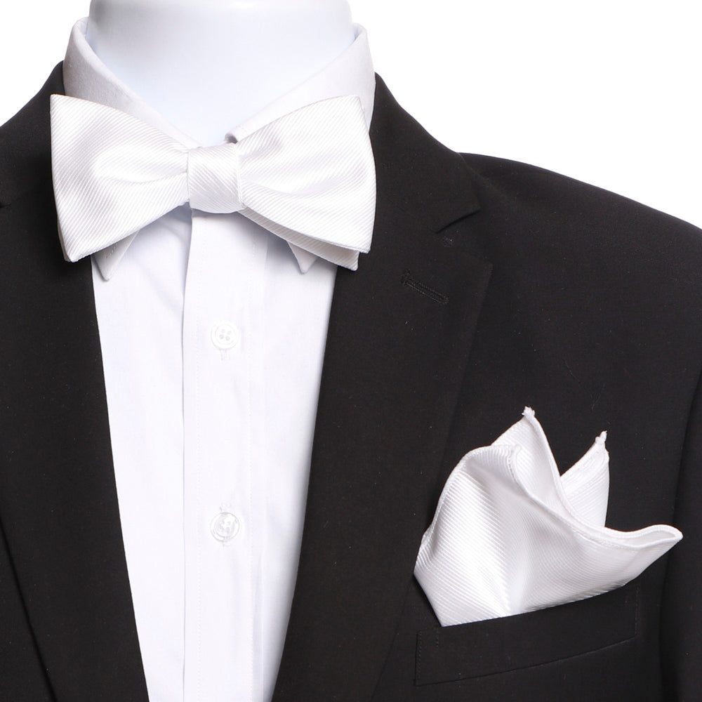 Men's White Self Bow Tie & Handkerchief - Amedeo Exclusive