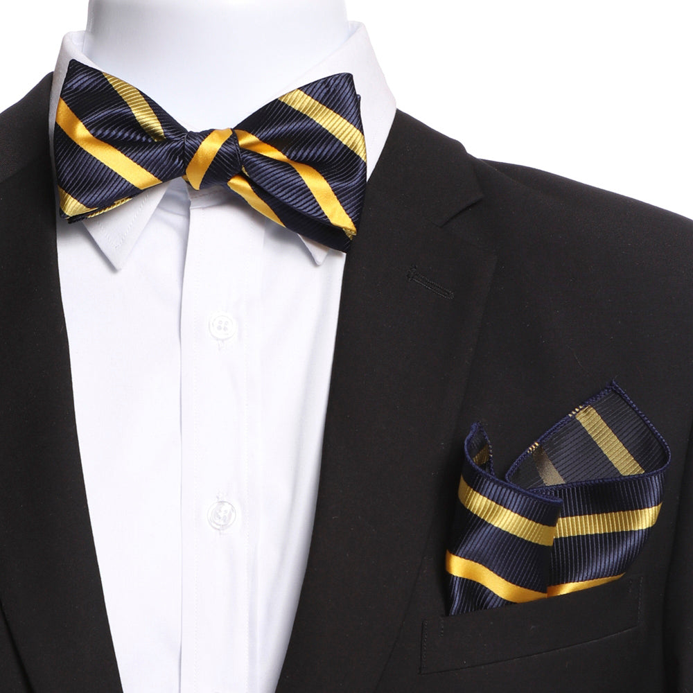 Men's Navy Blue & Yellow Self Bow Tie - Amedeo Exclusive