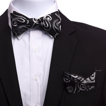 Men's Black, Silver Gray Swirls Self Bow Tie - Amedeo Exclusive