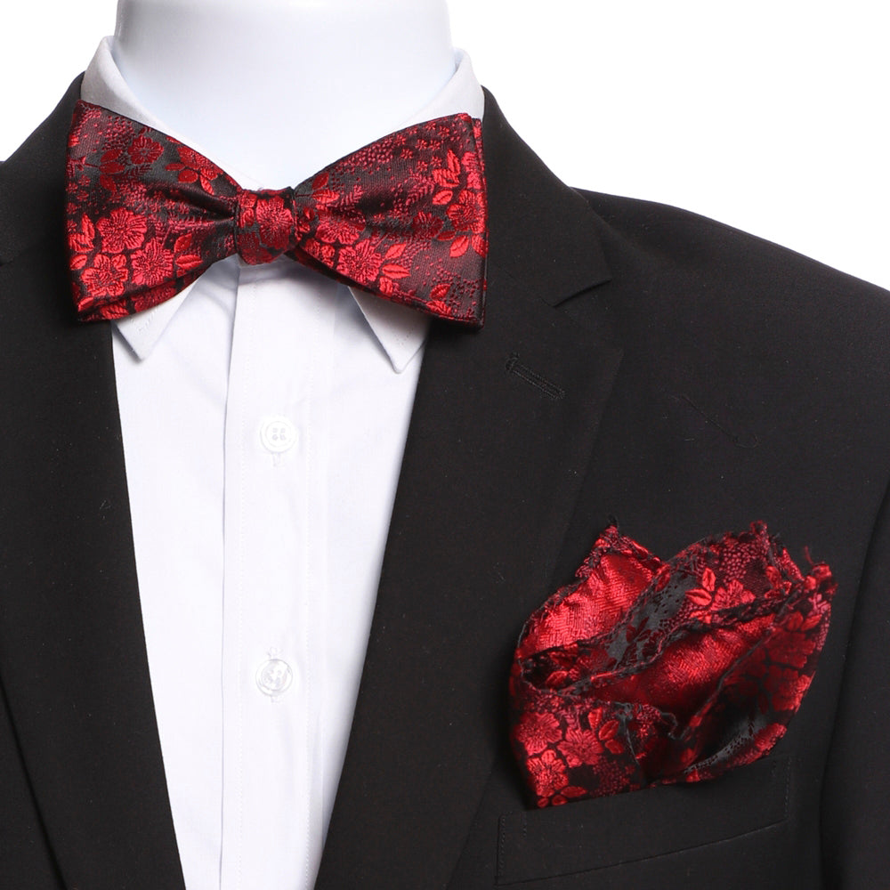 Men's Red Floral Self Bow Tie with Handkerchief - Amedeo Exclusive