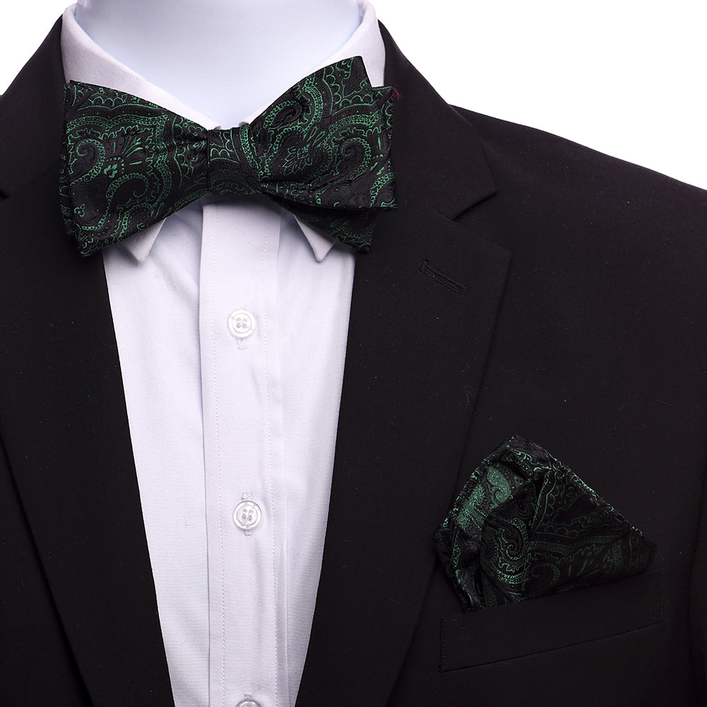 Men's Green Black Paisley Silk Self Bow Tie - Amedeo Exclusive