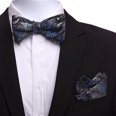Men's Light Blue Black Silk Self Bow Tie - Amedeo Exclusive