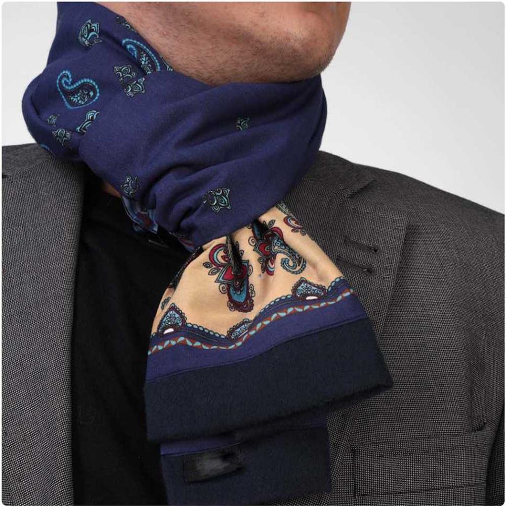 Unisex Blue Biege Paisley Soft Fashion Dress Scarves for Winter Made of Silk Blend - Amedeo Exclusive
