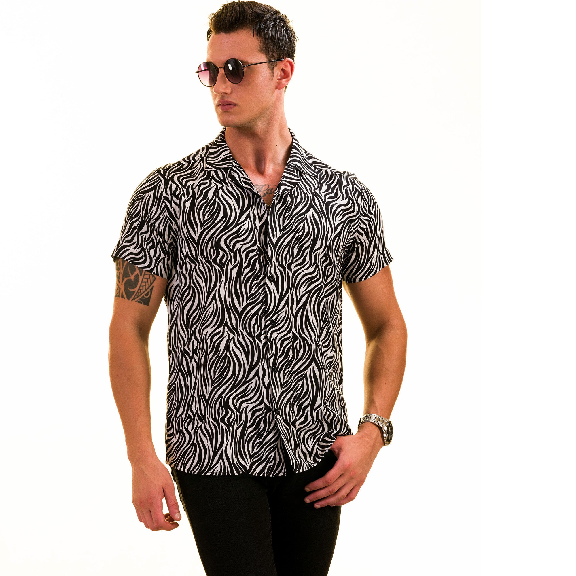 Black and White Zebra European Made & Designed Hawaiian Summer Shirts For Men