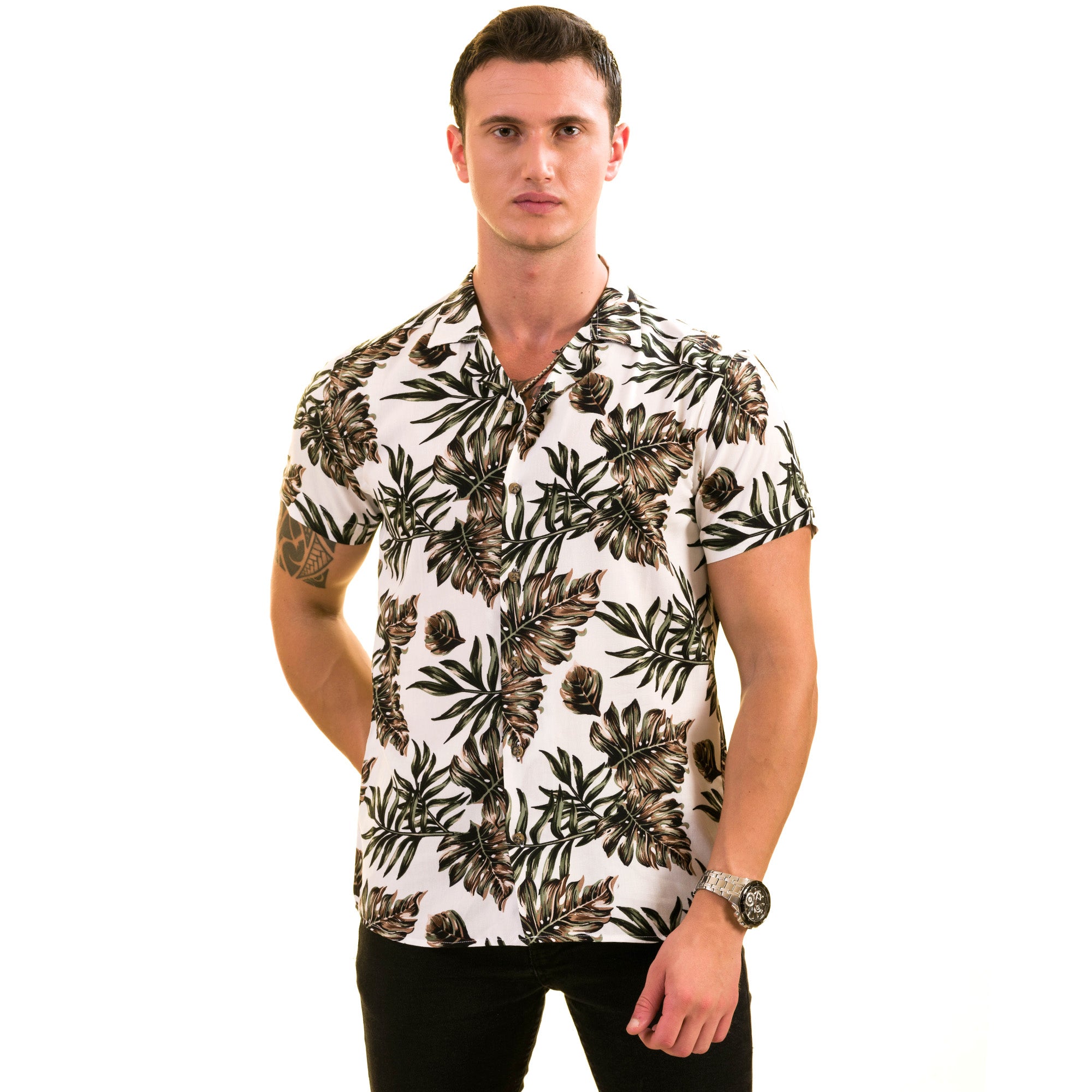 White Printed Tropical European Made & Designed Hawaiian Summer Shirts For Men